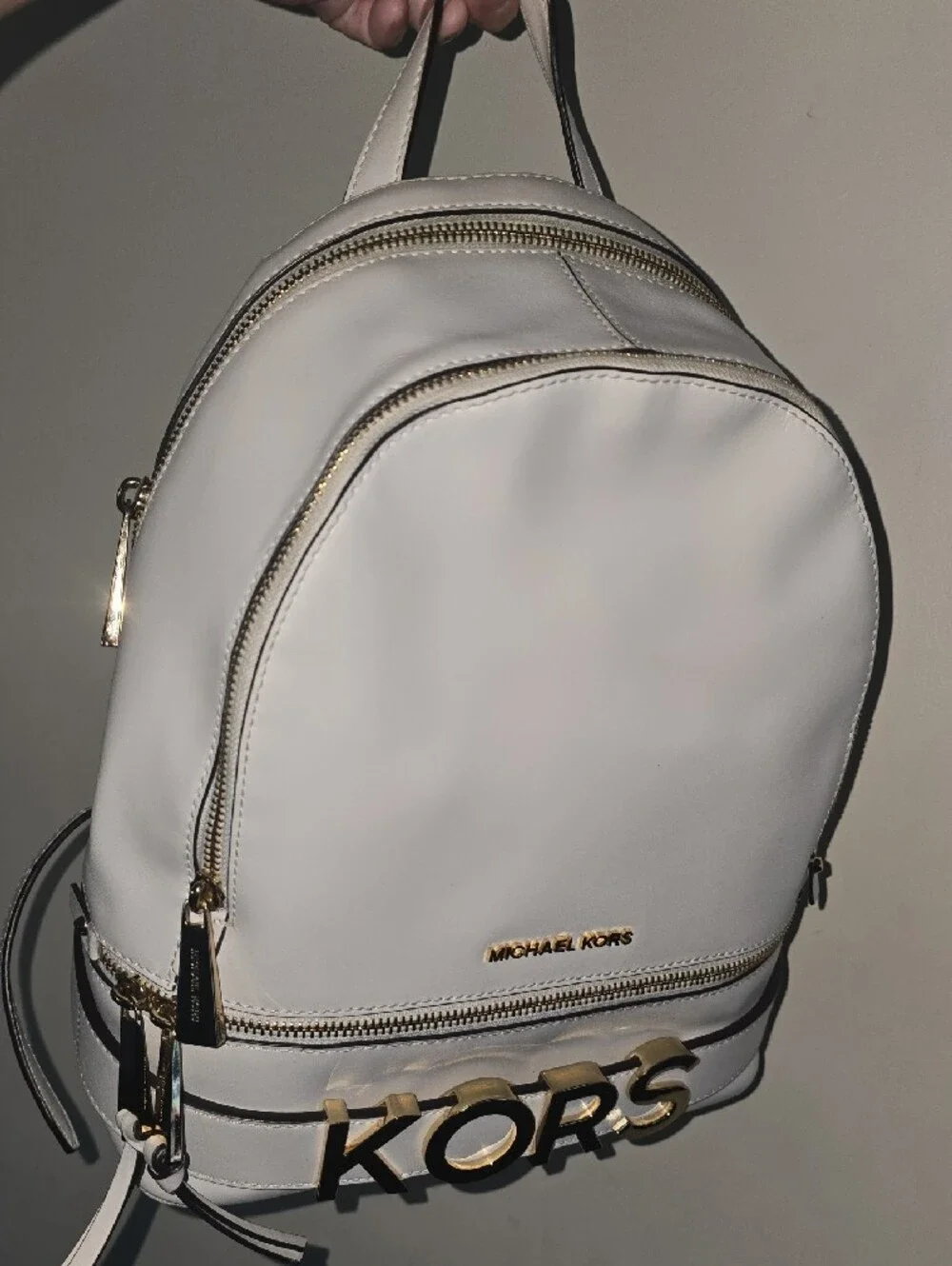 Michael Kors White Leather Mini Backpack with Gold Hardware and KORS Logo